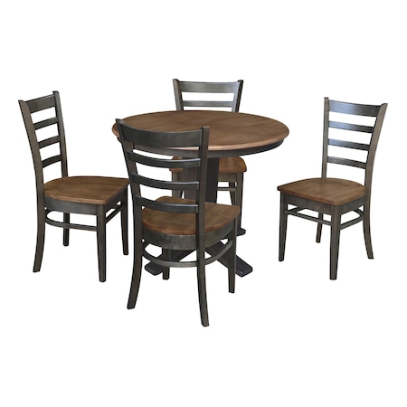 International Concepts 36 in. Solid Wood Round Extension Dining Table with 4 Dining Chairs in Hickory/Washed Coal K45-36RXT-23B-C617-4
